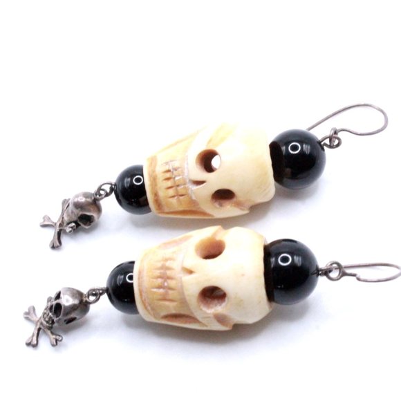 Vintage Sterling Silver Skull Sculpted Unique Dangle 3" Long Earrings - Picture 7 of 8